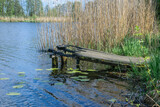 Fototapeta Fototapety pomosty - Spalony drewniany pomost położony nad wodą  w jeziorze służący do połowu ryb , palić za sobą mosty
