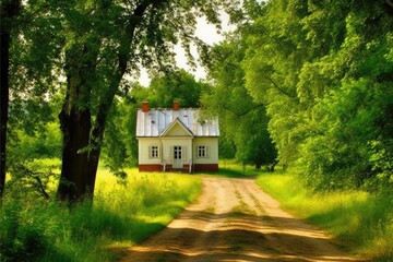 Sticker - rustic house situated in the middle of a gravel road surrounded by nature Generative AI