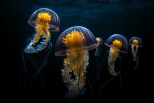 Jellyfish Group Swims In Dark Ocean With Blue & Yellow Jellyfish Against Black Backdrop. Generative AI