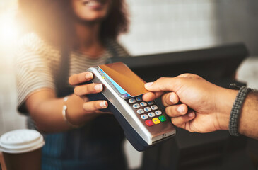 Sticker - Payment, credit card and hands of people in coffee shop for fintech, shopping and digital transaction. Technology, retail and sale with closeup of customer and waiter for pos machine, cafe and store