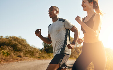 Poster - Smile, running and health with couple in road for workout, cardio performance and summer. Marathon, exercise and teamwork with black man and woman runner in nature for sports, training and race