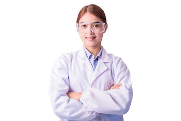 Wall Mural - friendly face with smiley eyes asian doctor in confident crossed arms action isolated on white backg
