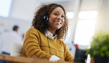 Happy African Woman, Call Center Agent Or Listen On Voip Headset For Consulting, Communication Or Contact. Girl, Customer Service Or Tech Support Crm With Smile, Headphones Or Microphone At Help Desk