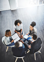 Wall Mural - Discussion, meeting and top view of business people in office planning project with documents. Collaboration, teamwork and group of corporate employees working with technology and paperwork together.