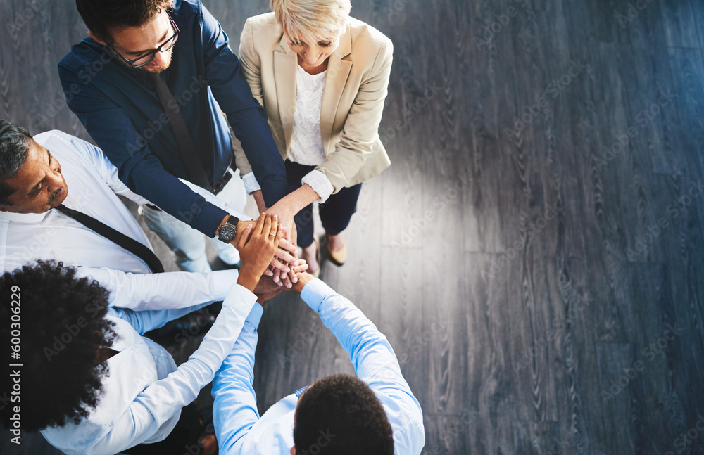 Huddle Top View Teamwork, hands or top view of meeting with business people in office ...