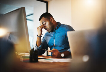 Aufkleber - Headache, tired and businessman working in the office with eye strain from the computer or technology. Burnout, migraine and professional male employee doing research on a desktop in the workplace.