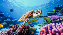 Turtle With Group Of Colorful Fish And Sea Animals With Colorful Coral Underwater In Ocean, Generative AI