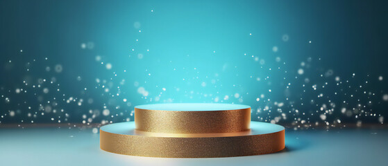 Empty blue and gold 3d cylinder podium, vacant pedestal, modern stage, showcase. Minimal abstract background. Advertising, award, win design, presentation mockup. Generative ai