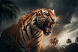 Aggressive angry Tiger with big teeth on the background of a stormy sky, Generative AI
