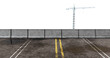 Nasse Strasse mit Absperrung durch Betonteile. Baukran im Hintergrund. Street Art. Transparente Illustration.