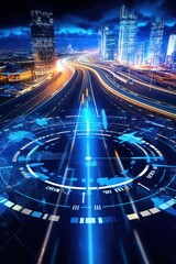 Futuristic road transportation technology with digital data transfer graphic showing concept of traffic big data analytic and internet of things - Generative AI
