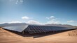 Panoramic view of a solar farm with rows of solar panels. Use of natural resources. Landscape with solar panels. Ecology. Environment. Eco. Photovoltaic. Generative AI. 