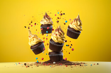 Wall Mural - Delicious, sweet tasty muffin, snack made of chocolate and whipped cream. Cupcake on colorful vivid background. Sweet dessert. Illustration. Generative AI.