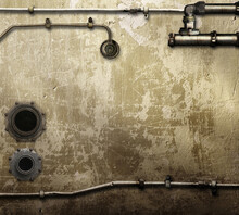 Vintage Steampunk Backdrop With Pipes On Stucco Wall. Open Space With Concrete Wall And Pipelines. Mock-up With Copy Space. Grunge Interior Background