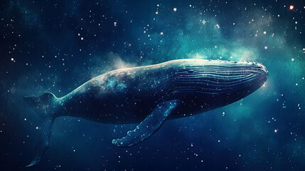  whale is floating in space among stars and galaxies. Children's surreal dreamy dream. Generative AI illustration