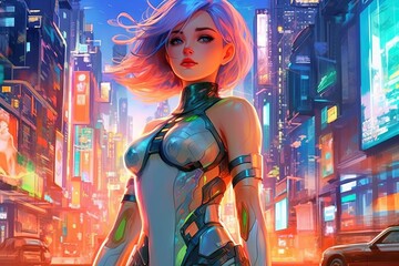 Poster - Futuristic sci - fi Anime girl, with neon - colored hair and a sleek body suit, standing in front of a towering metropolis, manga style illustration generative ai