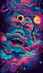 Illustrated wallpaper for mobile phone, purple bright vivid colors of night landscapes. Illustration, Generative AI.