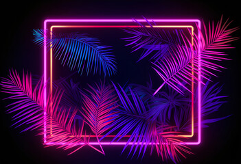 Jungle creative neon light, cyber frame on fresh palm leaves with copy space. Urban, futuristic background concept. Flat lay. Illustration, Generative AI.