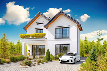 Wall Mural - Illustration of modern detached house with beautiful garden as city real estate photography (Generative AI)