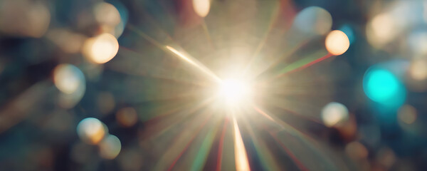 Wall Mural - Sunlight rays. Lens flare. Bokeh light. Defocused blue orange color shiny glowing round flecks spotlight beam glare art illustration abstract background.