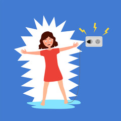 Electric shock risk concept vector illustration. Female standing on wet floor and get electric shock in flat design. Electric safety caution.