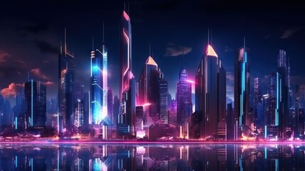 Neon mega city capital towers with futuristic technology background, future modern building virtual reality, night life style concept. Generative AI.