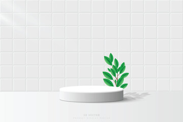 White gray 3d cylinder podium or stage for show product with leaf branch in white ceramic tile wall background. Minimal scene for show product. 3d vector geometric form design.