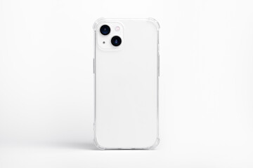 Poster - white iPhone 14 in clear transparent soft silicone case back view. Phone case mockup isolated on grey background