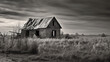 A black and white illustration of an old abandoned barn in a rural setting. generative ai