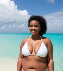 Wall Mural - African american plus size woman at tropical beach. Generative AI