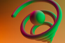 3D Render Of Green Sphere And Spiral Floating Against Orange Background