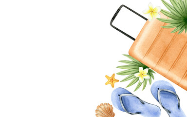 Travel orange suitcase, flip-flops, tropical leaves, starfish, seashells and frangipani flowers. Banner with summer beach accessories and tropical leaves. Watercolor illustration. Isolated.