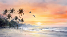 A Peaceful Beach Sunset With A Couple Walking Along The Shore, Seagulls Flying In The Background. Generative Ai.