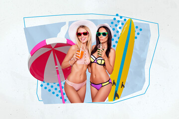 Poster - 3d retro abstract creative artwork template collage of smiling ladies enjoying refreshing cocktails beach isolated painting background