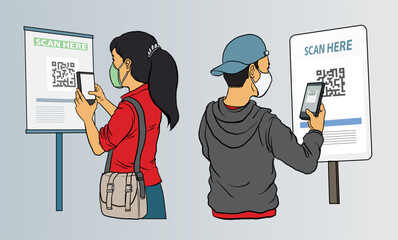 illustration of people scanning qr code with their smartphone