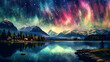 night starry sky with the aurora borealis and stars above the lake water on the background of mountains. Generative AI illustration