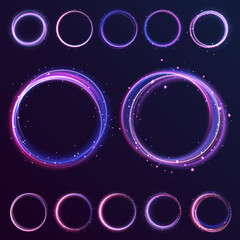 Poster - Abstract Bright Neon Loop with Transparency. Glowing spiral cover. Black elegant. Fire light circles trails of sparkling glitter.