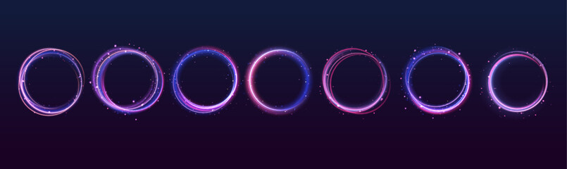 Poster - Abstract Bright Neon Loop with Transparency. Glowing spiral cover. Black elegant. Fire light circles trails of sparkling glitter.