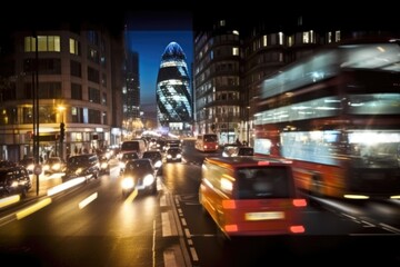 Wall Mural - Busy city street at night, fast cars and bus in blur motion. Generative AI AIG18.