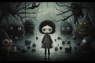 A creepy monsters is looking at a little girl  and in the background is a castle created by AI