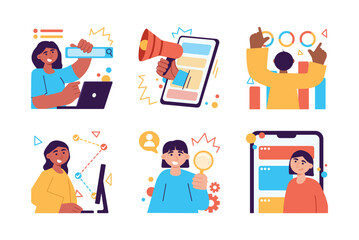 Wall Mural - marketing set color concept with people scene in the flat cartoon style. team of marketers work on a