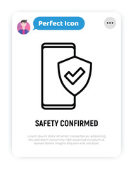 Wall Mural - Safety confirmed: smartphone is protected by shield with check mark. Thin line icon. Modern vector illustration.