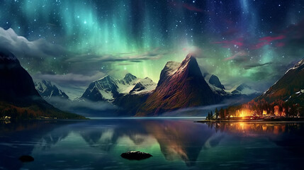 Wall Mural - panorama with the night starry sky with the northern lights and stars above the lake water on the background of mountains. Generative AI illustration