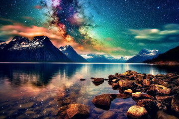 Wall Mural - northern multicolored aurora borealis in the night starry sky with stars above the water lake and mo