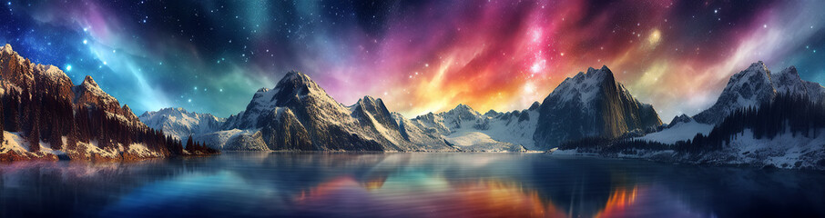 Wall Mural - panorama with the northern lights in the night starry sky with stars over the lake and mountains. ge