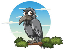 Crow Perching On Tree Branch In Cartoon Style