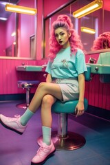 Wall Mural - Photo of a young woman with vibrant pink hair sitting on a wooden stool. Generative AI. Retro pastel 60s look, old-school saloon.