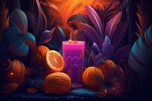 A Candle In The Color Purple, Encircled By Oranges And Foliage. Generative AI