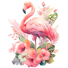 Flamingo With Pink Flowers Watercolor Illustration Isolated On White. Generative AI