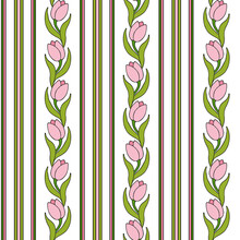 The Miniature Dollhouse Wallpaper: Colorfull Tulips And Stripes Seamless Pattern. Pink And Green Elements With Black Outlines.